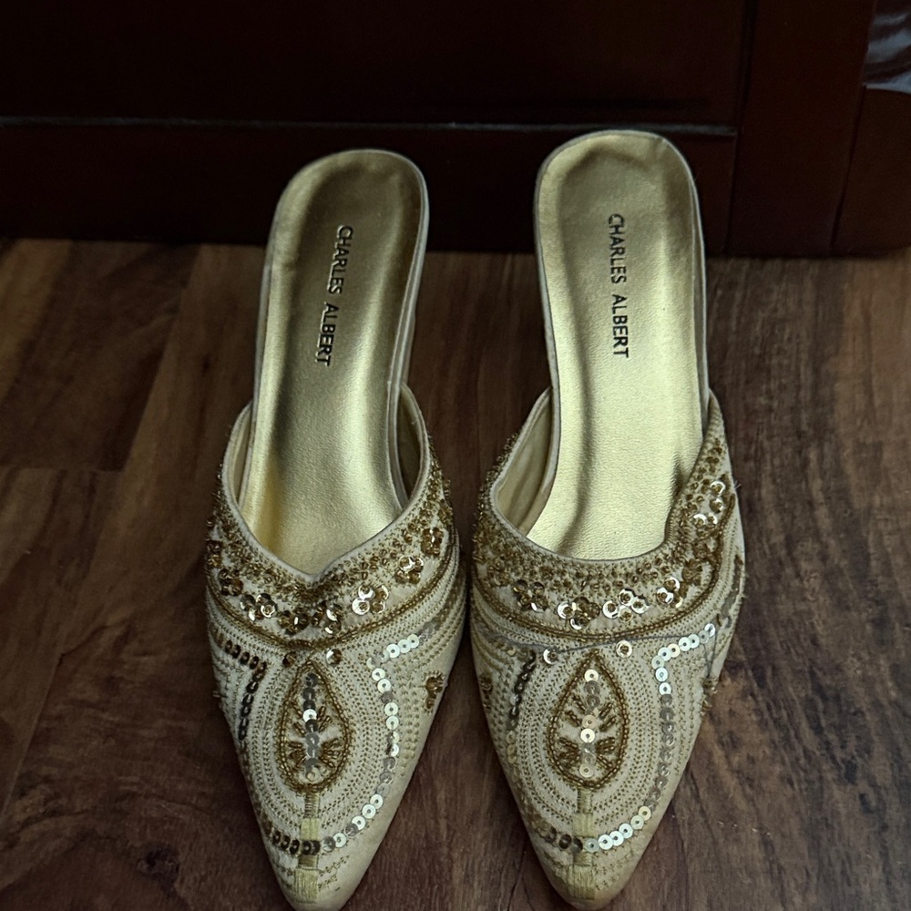 Charles Albert Gold Sequin Embellished Mules